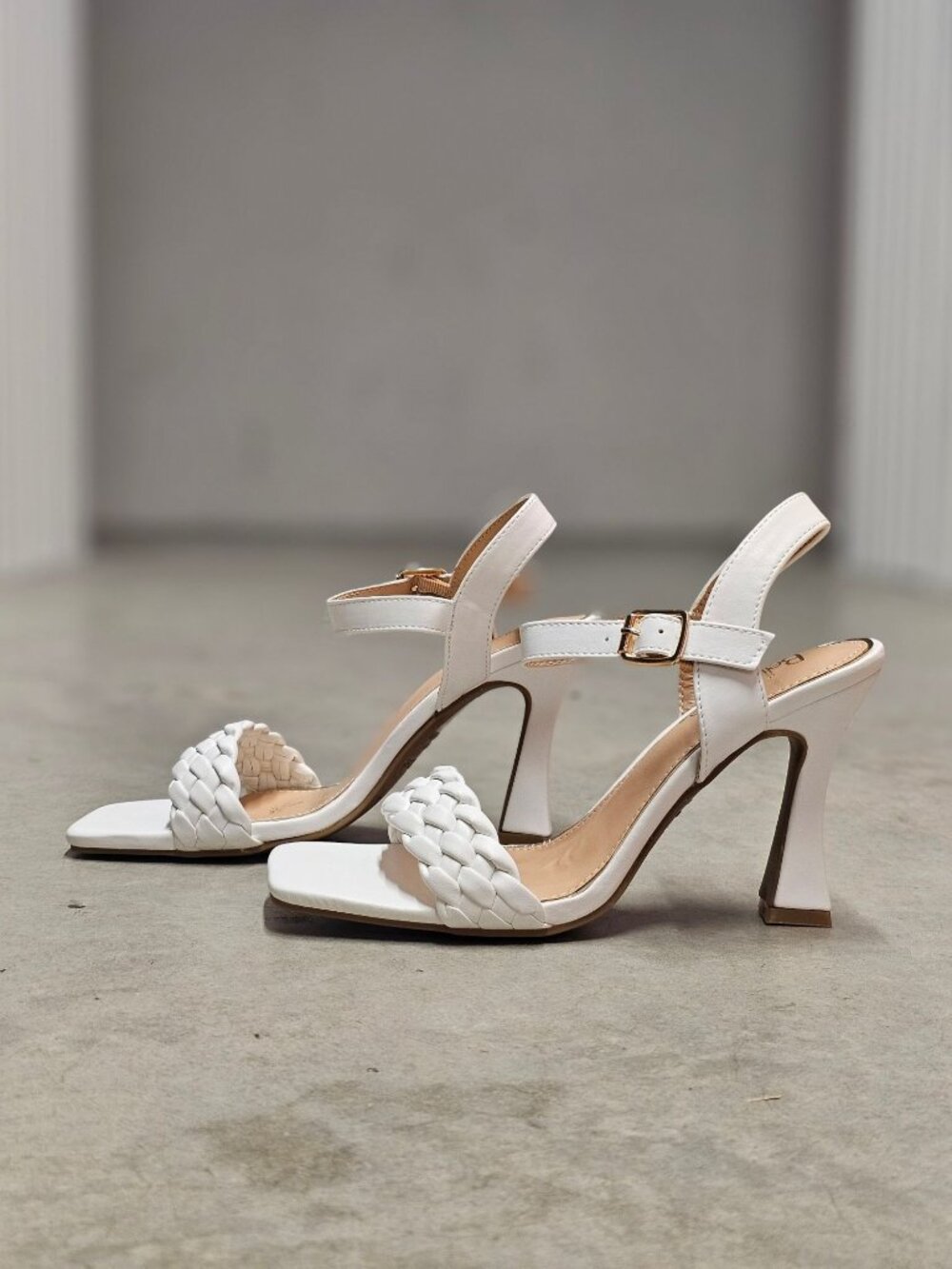 White Braided Strap High Heel Sandals With Square Toe & Adjustable Buckle Closur - Picture 9 of 16
